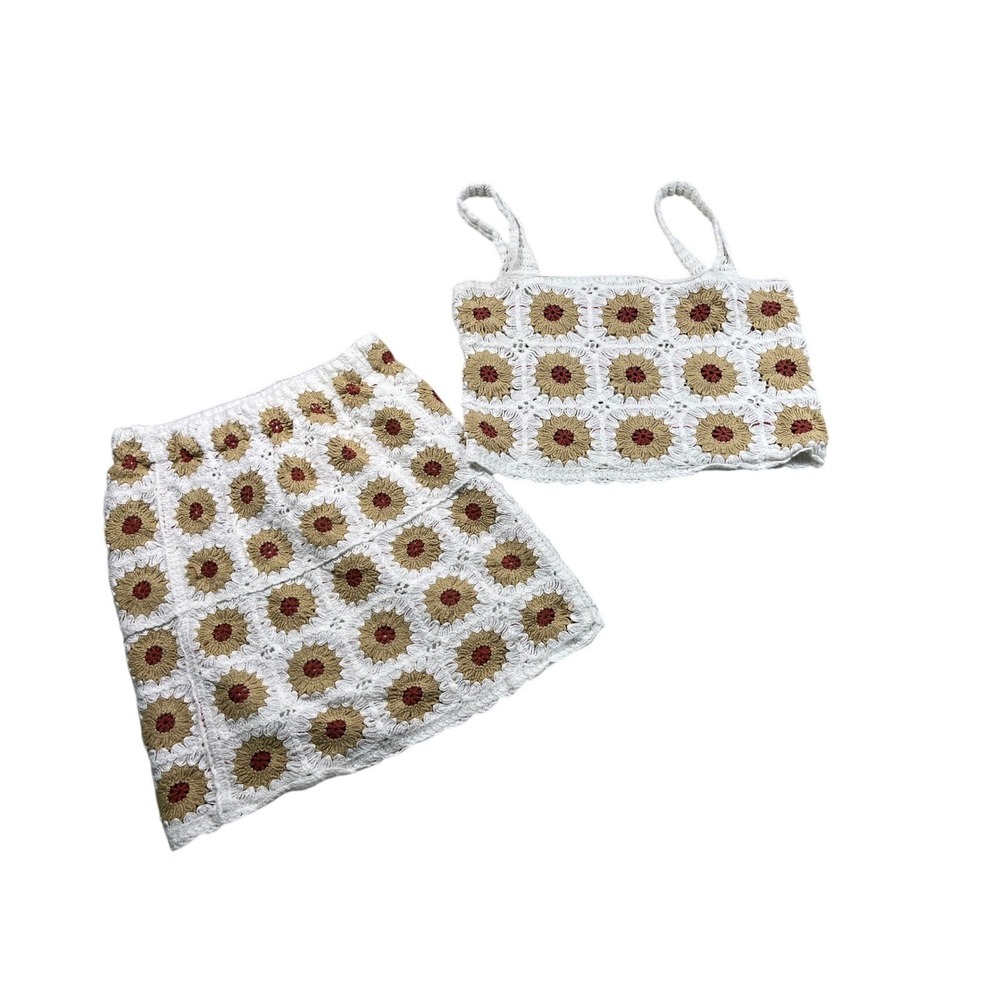 Rebellion Crochet Knit Two Piece Skirt Set XS Boho Granny Square Co-Ord